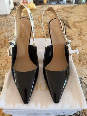 Dior Black Patent Leather Slingback Pumps with J'Adior Ribbon